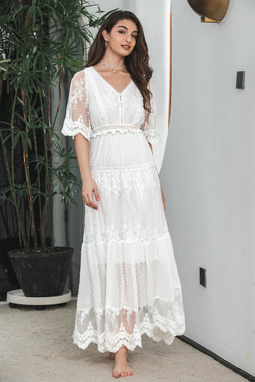 Hvit En linje Long Boho Lace Engagement Party Dress